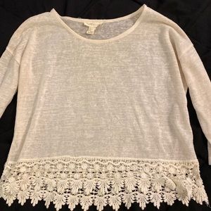 Forever 21 size small cream 3/4 sleeve top with floral frayed bottom
